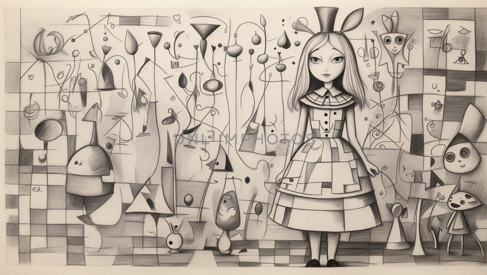 Alice in Wonderland. Pencil drawing. AI generated