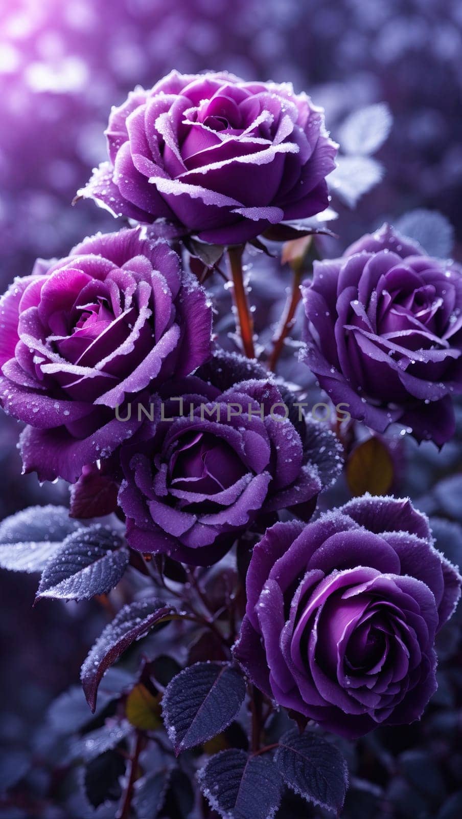 Frozen purple roses, Real photo. AI generated