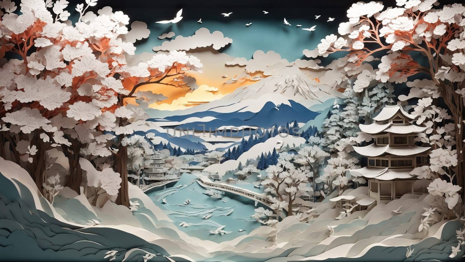 Beautiful Japanese winter scene. AI generated