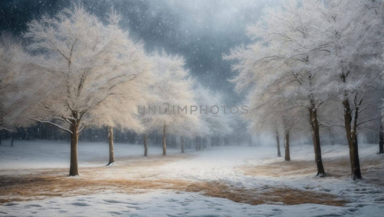 Winter trees dancing waltz snowfall. AI generated