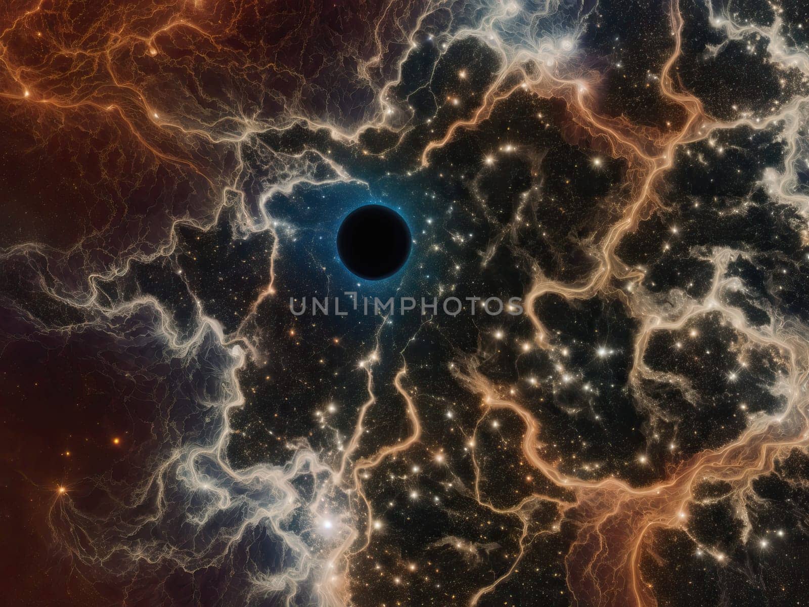 A black hole in space, a colorful fantastic illustration of stars in space. AI generated