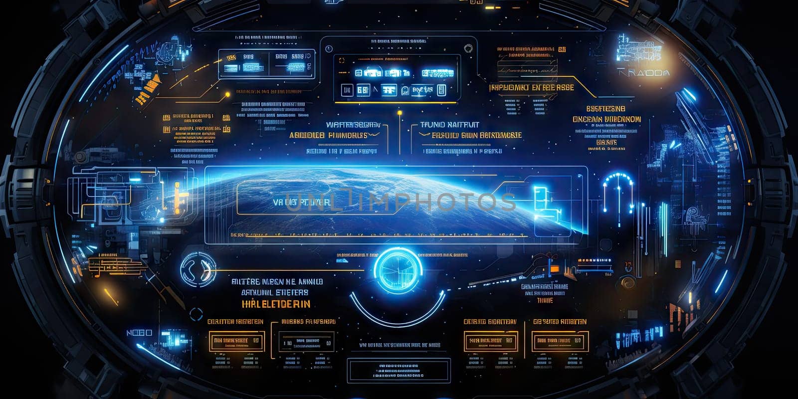 science fiction work interface with some graphical text. Work interface UI layout. Proportions by Generative AI by wichayada