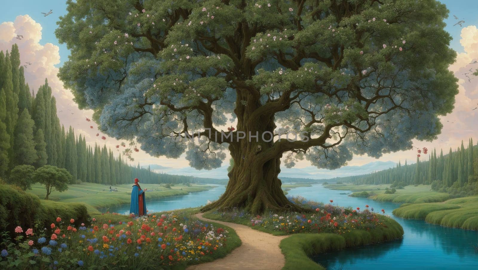 A wizard near an old large tree in a flowering meadow. AI generated