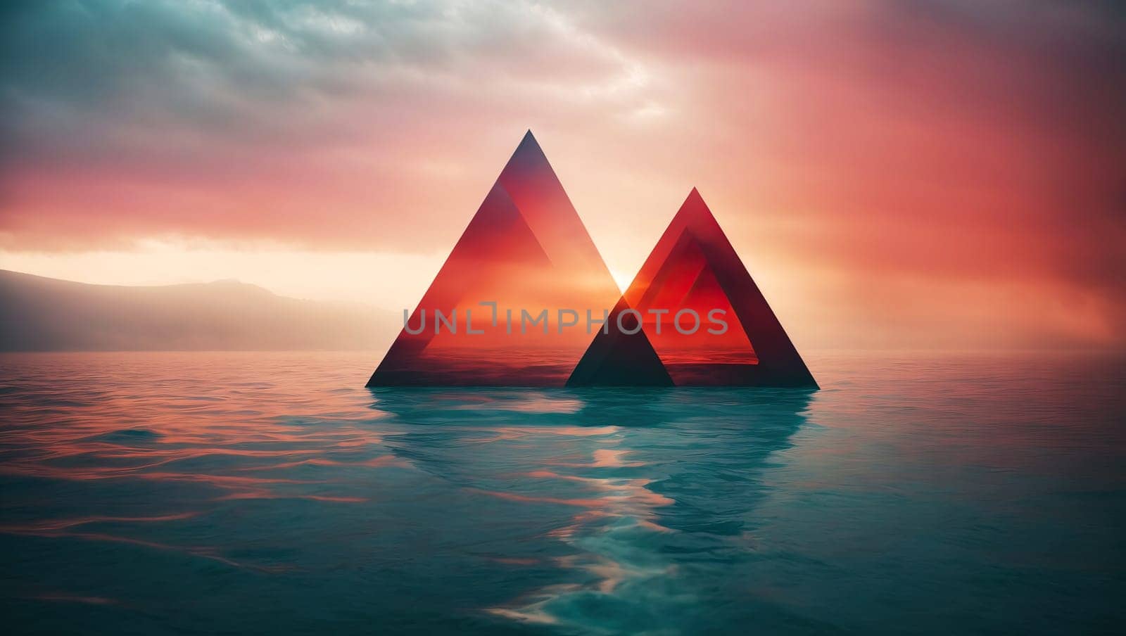 Mystic glass pyramid on the water surface. AI generated