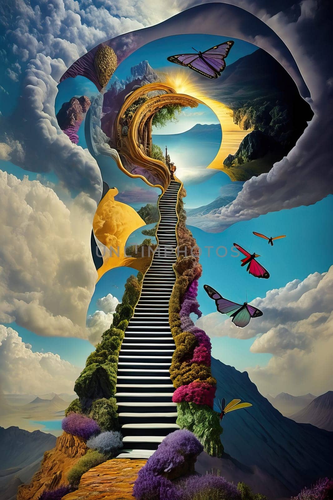 Inspiration of stairway to heaven. Peaceful landscape. AI generated