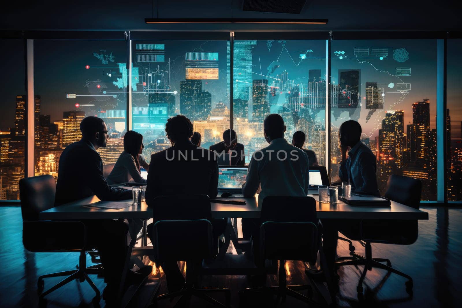 Group of business people working together in the office The first image shows the silhouette of a person. which emphasizes teamwork and collaboration by Generative AI by wichayada