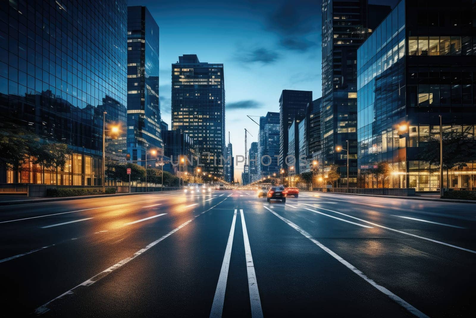 Dusk lights in modern city street scene Blurry image of a near-dark road Bright lights, tall buildings, towers, skyscrapers, roads, cars. by Generative AI by wichayada
