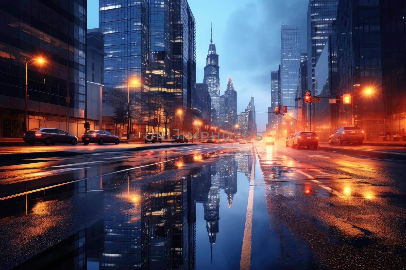 Dusk lights in modern city street scene Blurry image of a near-dark road Bright lights, tall buildings, towers, skyscrapers, roads, cars. by Generative AI by wichayada