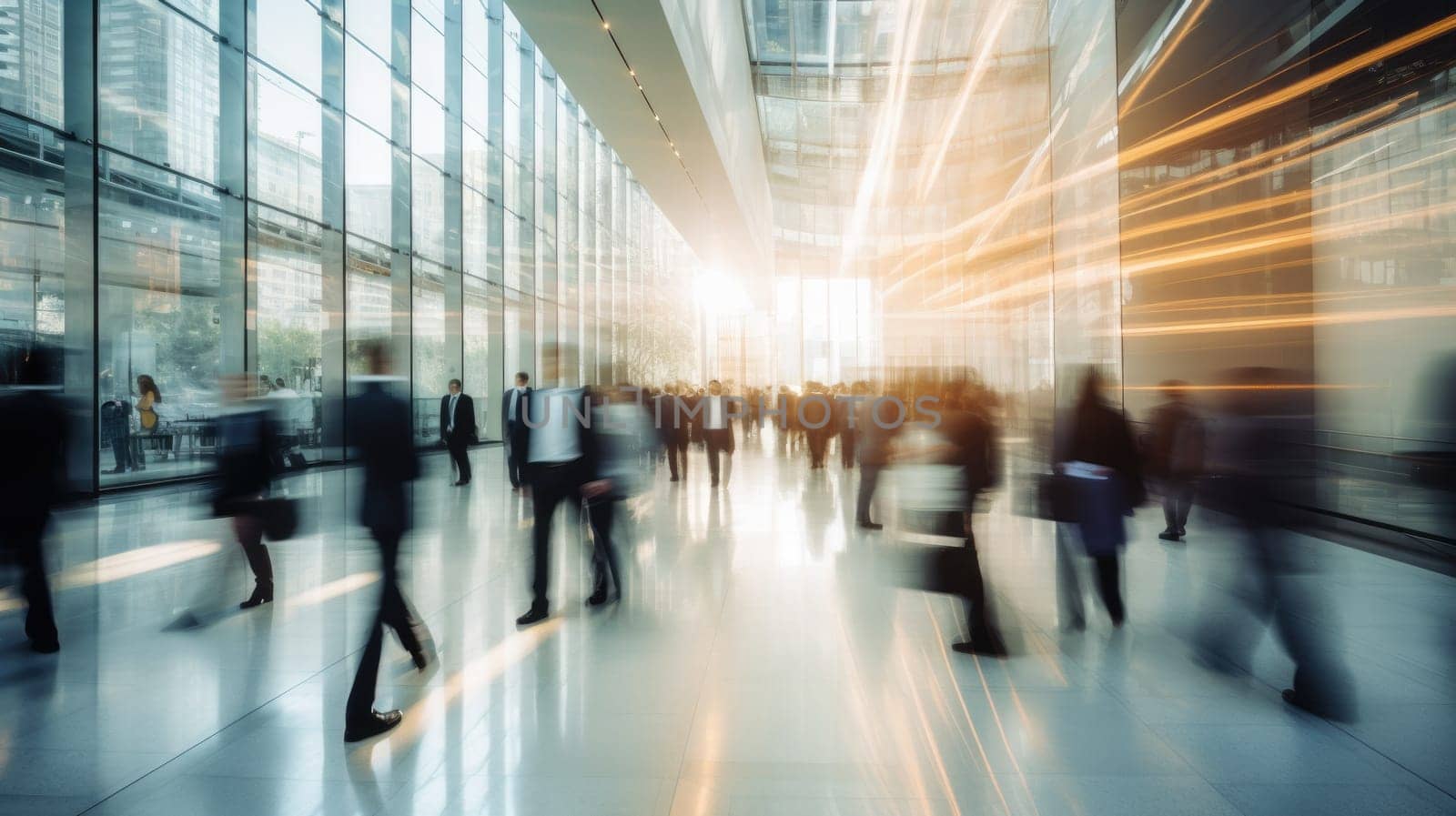 People rushing in office lobby with motion blur by biancoblue