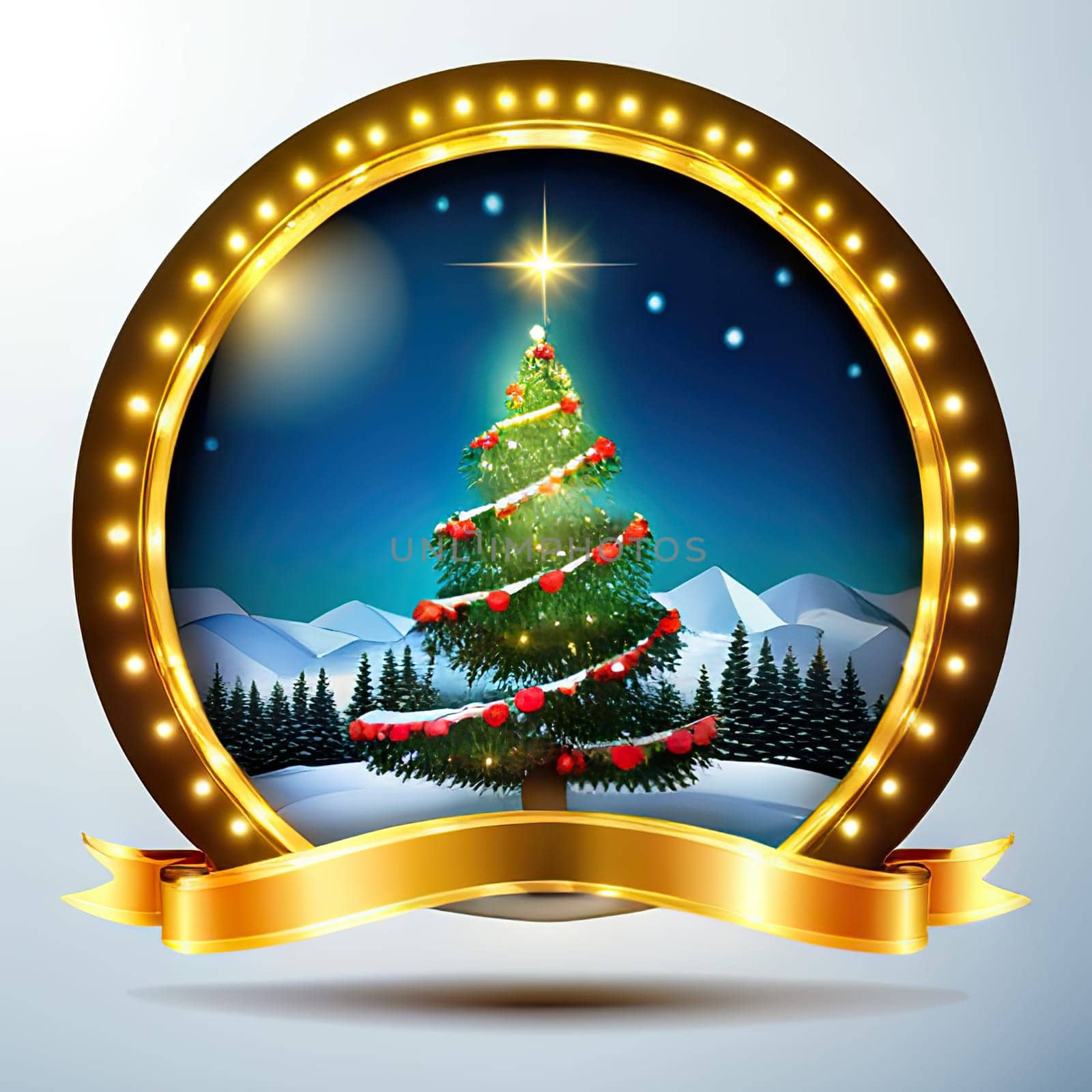 Christmas tree with xmas decorations. Merry Christmas and happy new year. Happy holidays logo.