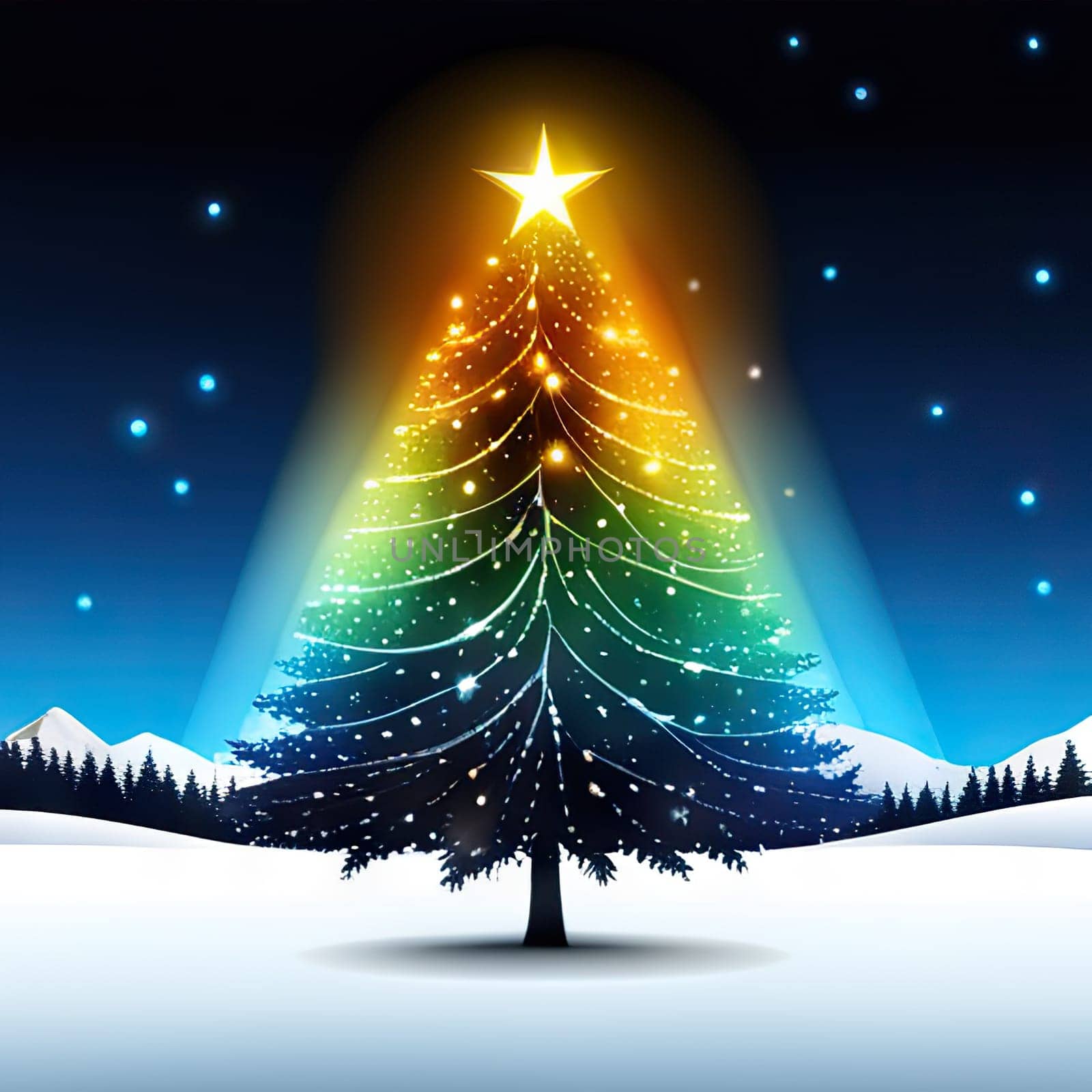 Christmas tree with xmas decorations. Merry Christmas and happy new year. Happy holidays logo.