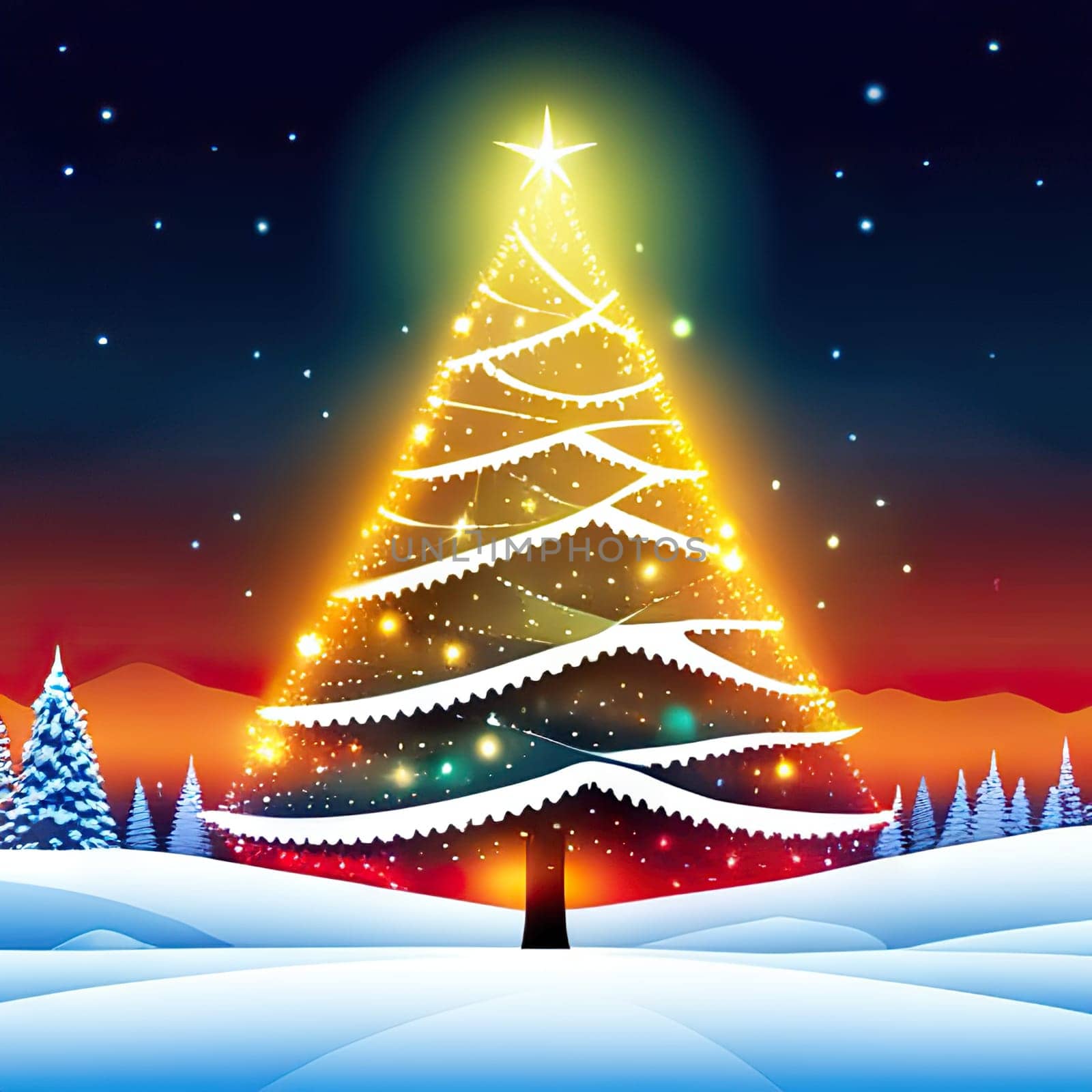 Christmas greeting card with graphic Christmas tree, colored background