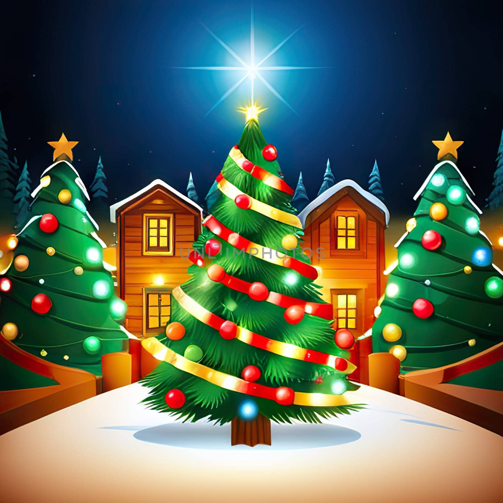 Christmas trees with decorations Christmas and New Year concept, spruce trees with star and garland sign