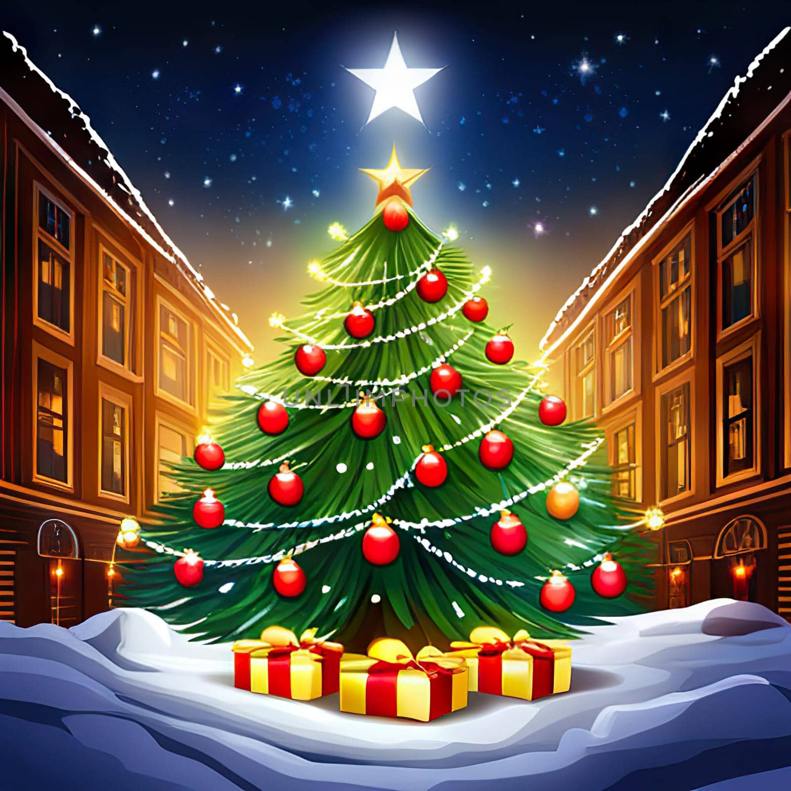 Christmas greeting card with graphic Christmas tree, colored background
