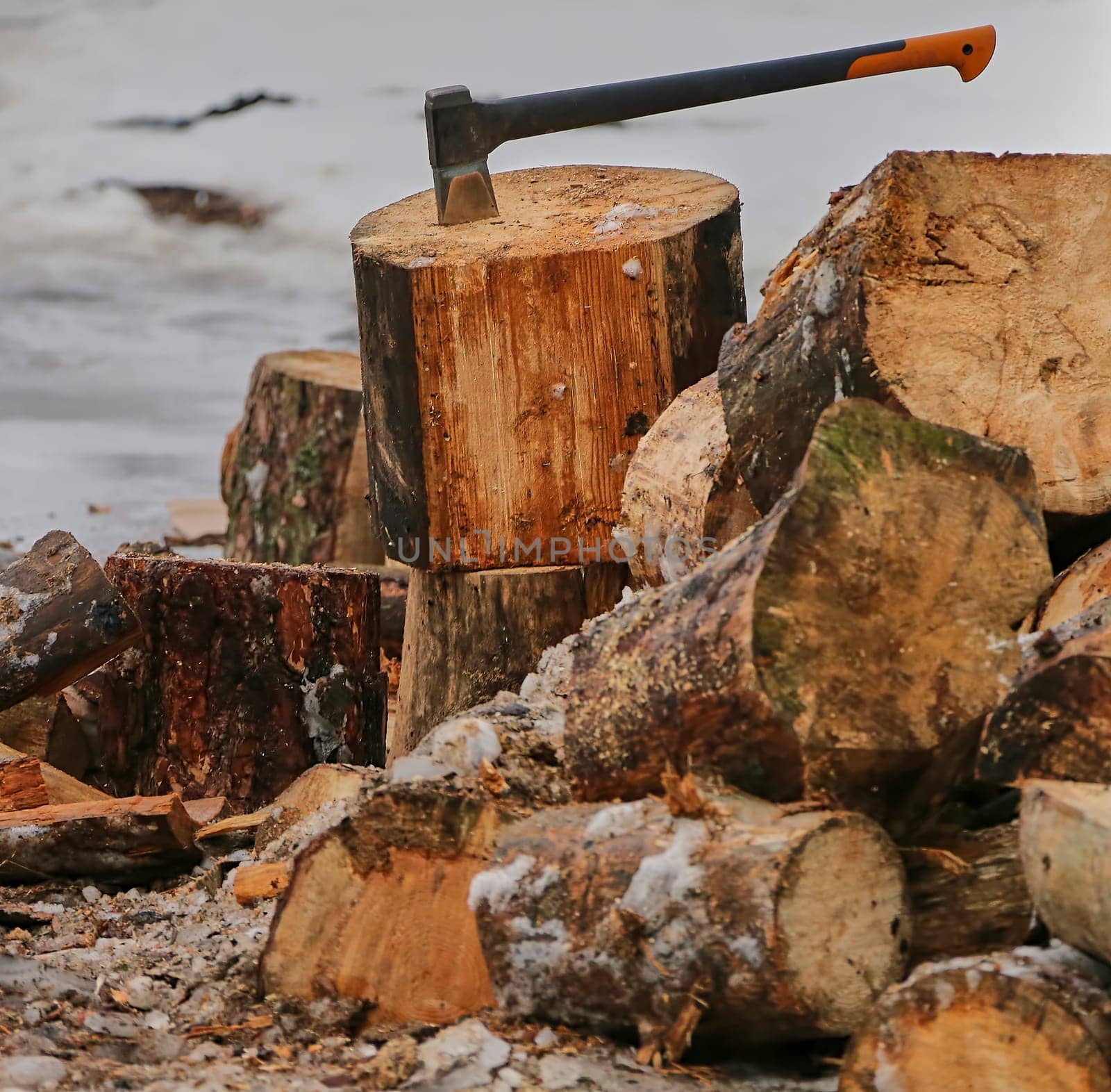 Old ax and a deck for chopping wood. Dry firewood, chopped wood for winter heating of the fireplace.