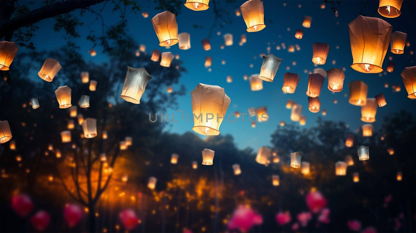 Lantern Festival background, Shangyuan Festival China. Magical flying lanterns in the colorful sky. beautiful lights sparkling. Chinese festive background beauty