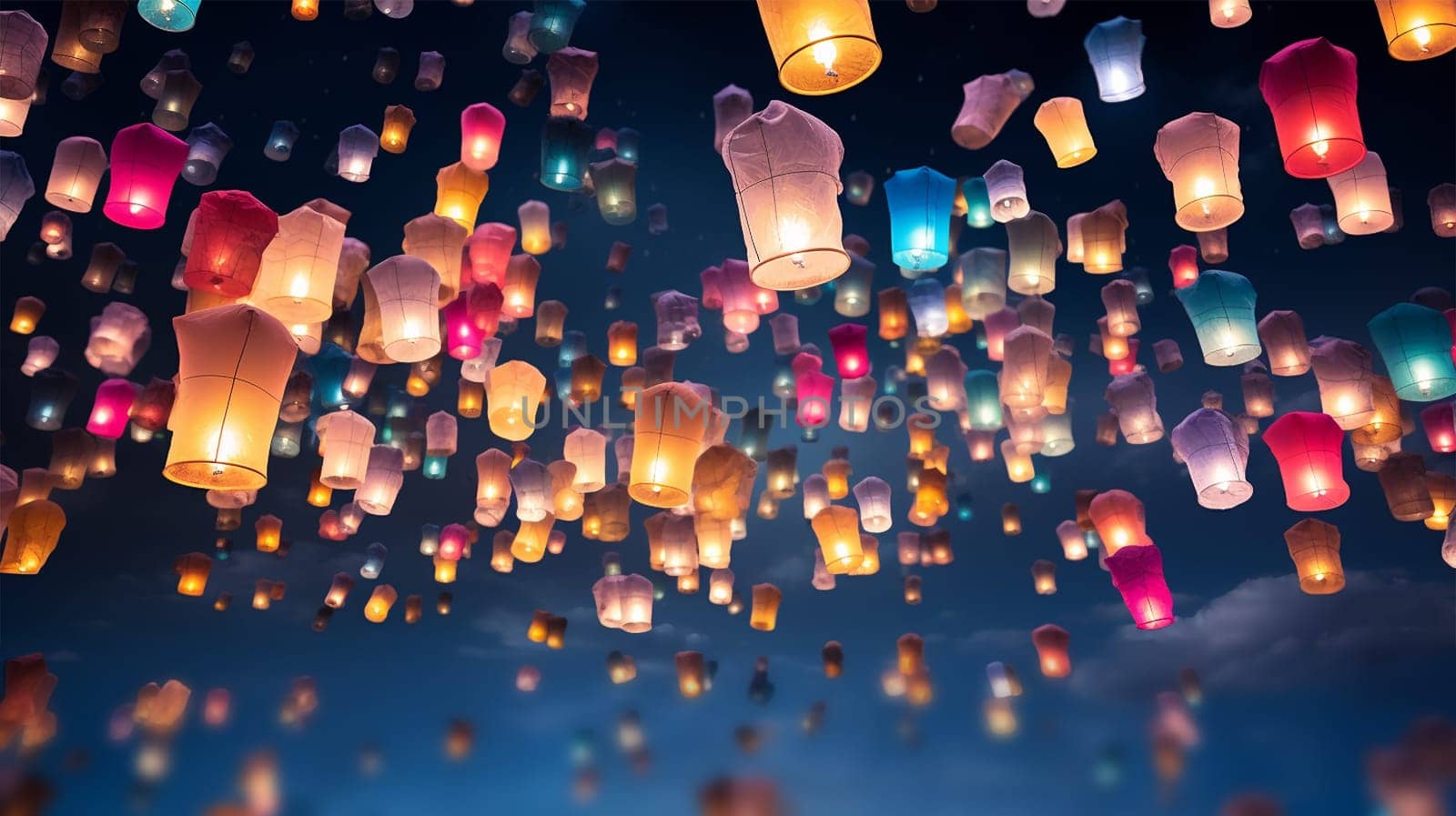 Lantern Festival background, Shangyuan Festival China. Magical flying lanterns in the colorful sky. beautiful lights sparkling. Chinese festive background beauty