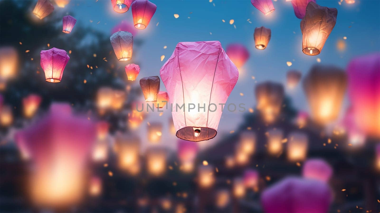 Lantern Festival background, Shangyuan Festival China. Magical flying lanterns in the colorful sky. beautiful lights sparkling. Chinese festive background beauty