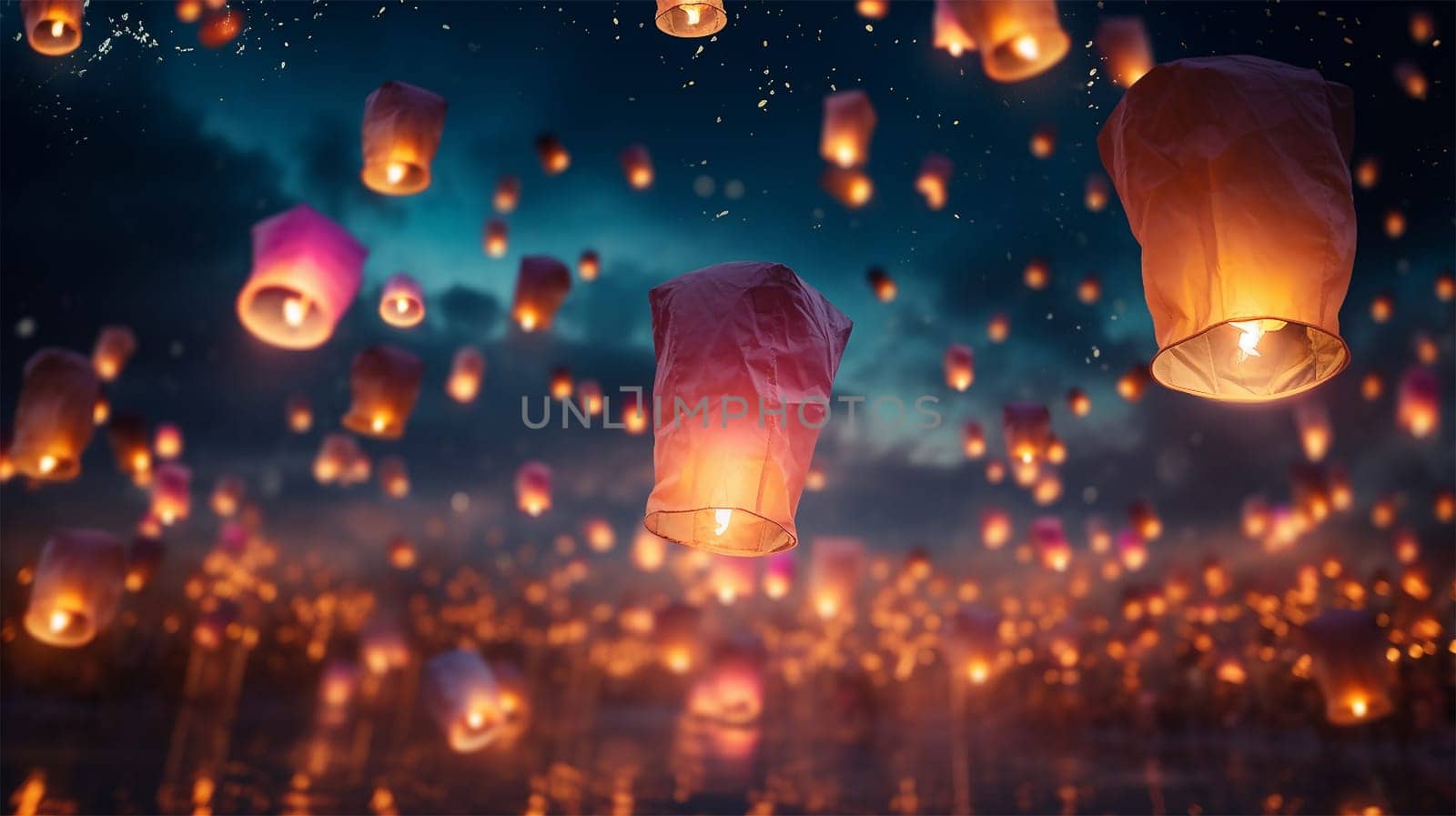 Lantern Festival background, Shangyuan Festival China. Magical flying lanterns in the colorful sky. beautiful lights sparkling. Chinese festive background beauty