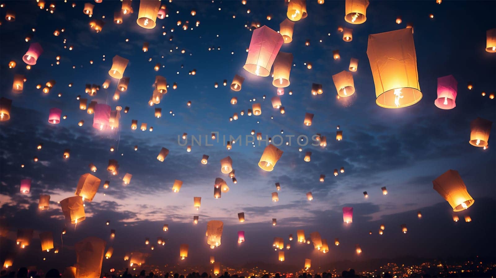 Lantern Festival background, Shangyuan Festival China. Magical flying lanterns in the colorful sky. beautiful lights sparkling. Chinese festive background by Annebel146