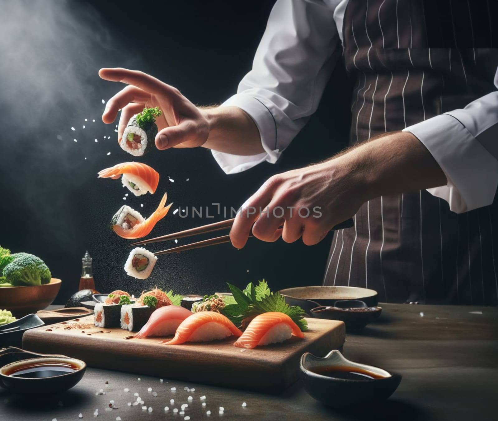 caucasian chef preparing flying sushi, funny illustration, effects, humour in the kitchen by verbano