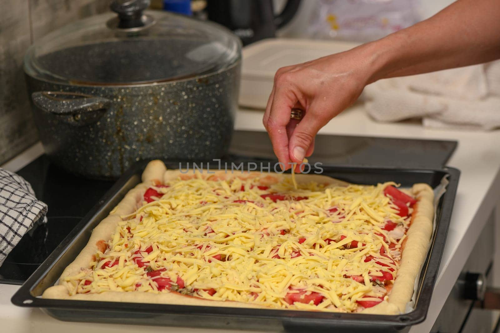 woman prepares pizza with cheese, tomatoes and chicken ham, woman rubs cheese 19 by Mixa74