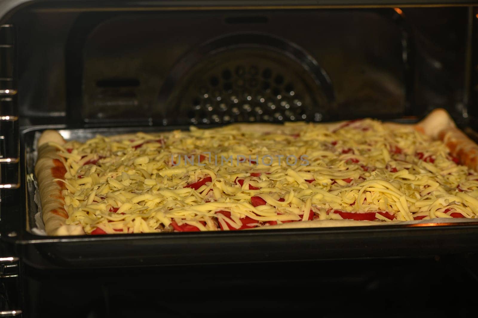 pizza with cheese, tomatoes and chicken in the oven in the kitchen 1 by Mixa74