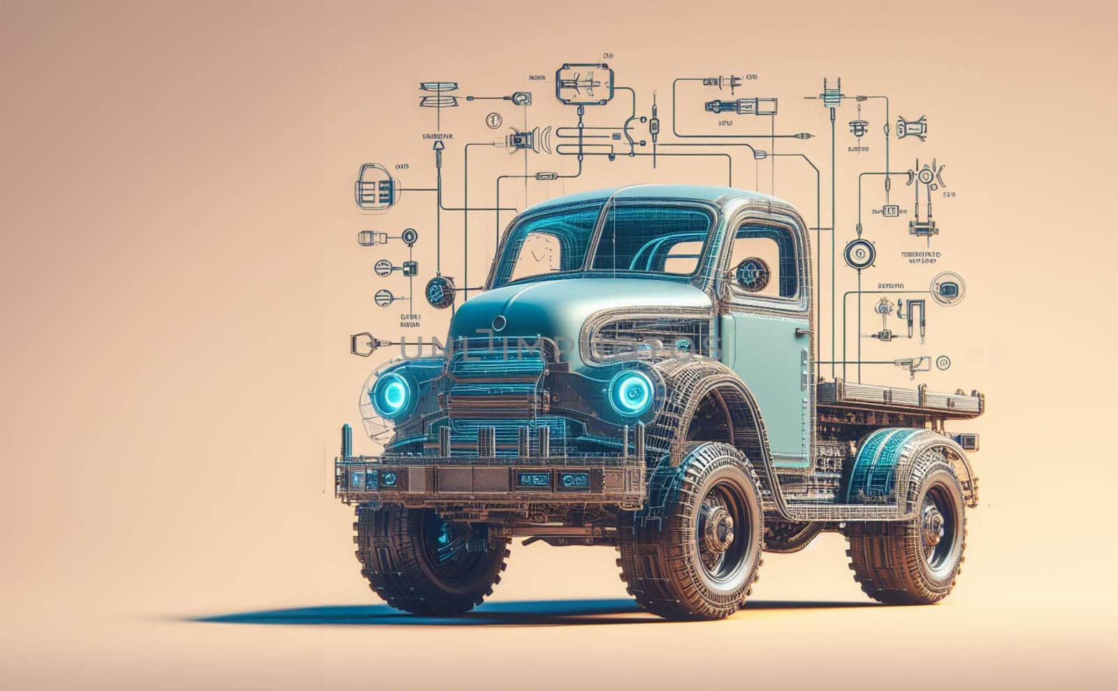 modern design render of vintage truck pickup monster suv smart vehicle power schematics illustration by verbano