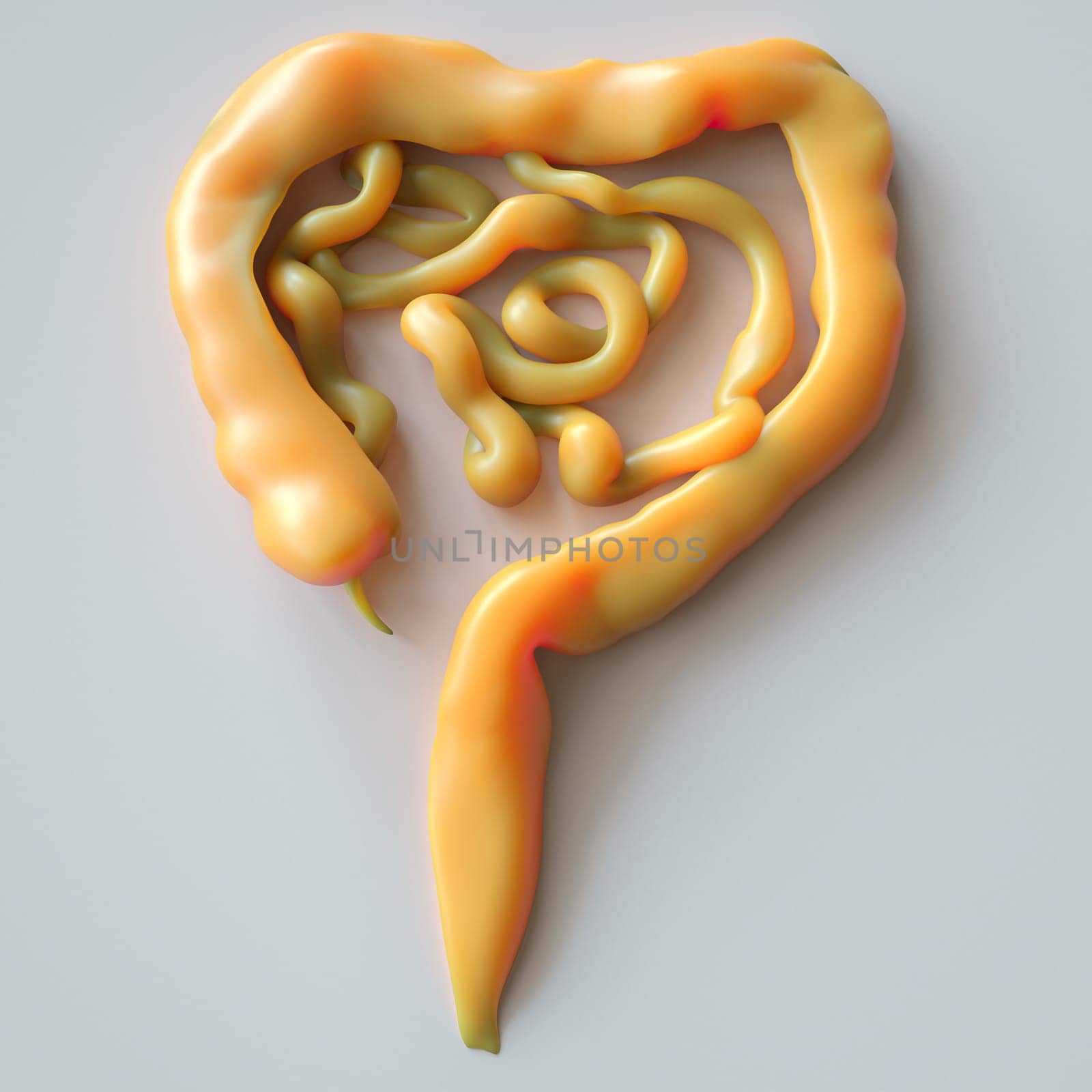 Stylized intestines depicted in yellow and red, suggesting inflammation, against a clean white backdrop.