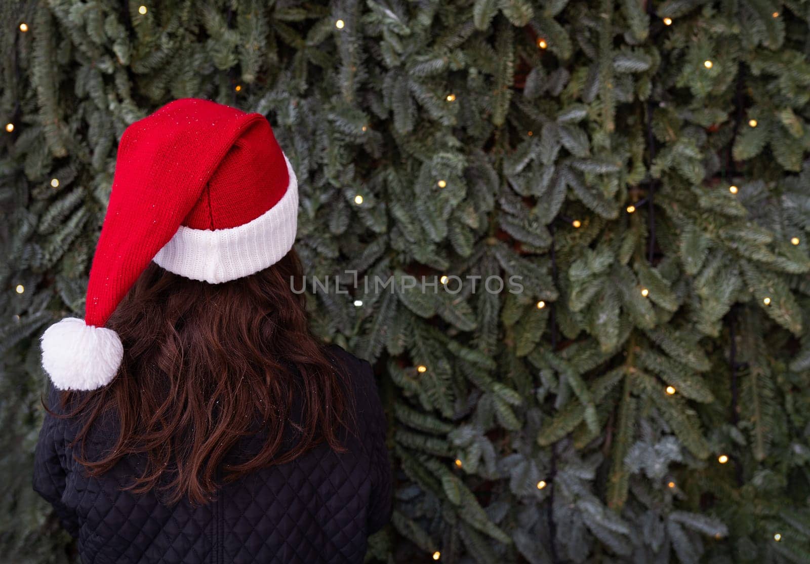 A beautiful young woman in a Santa hat stands with her back, standing with her back against the background of a wall of a Christmas tree with a garland photographed from behind. Christmas and New Year concept