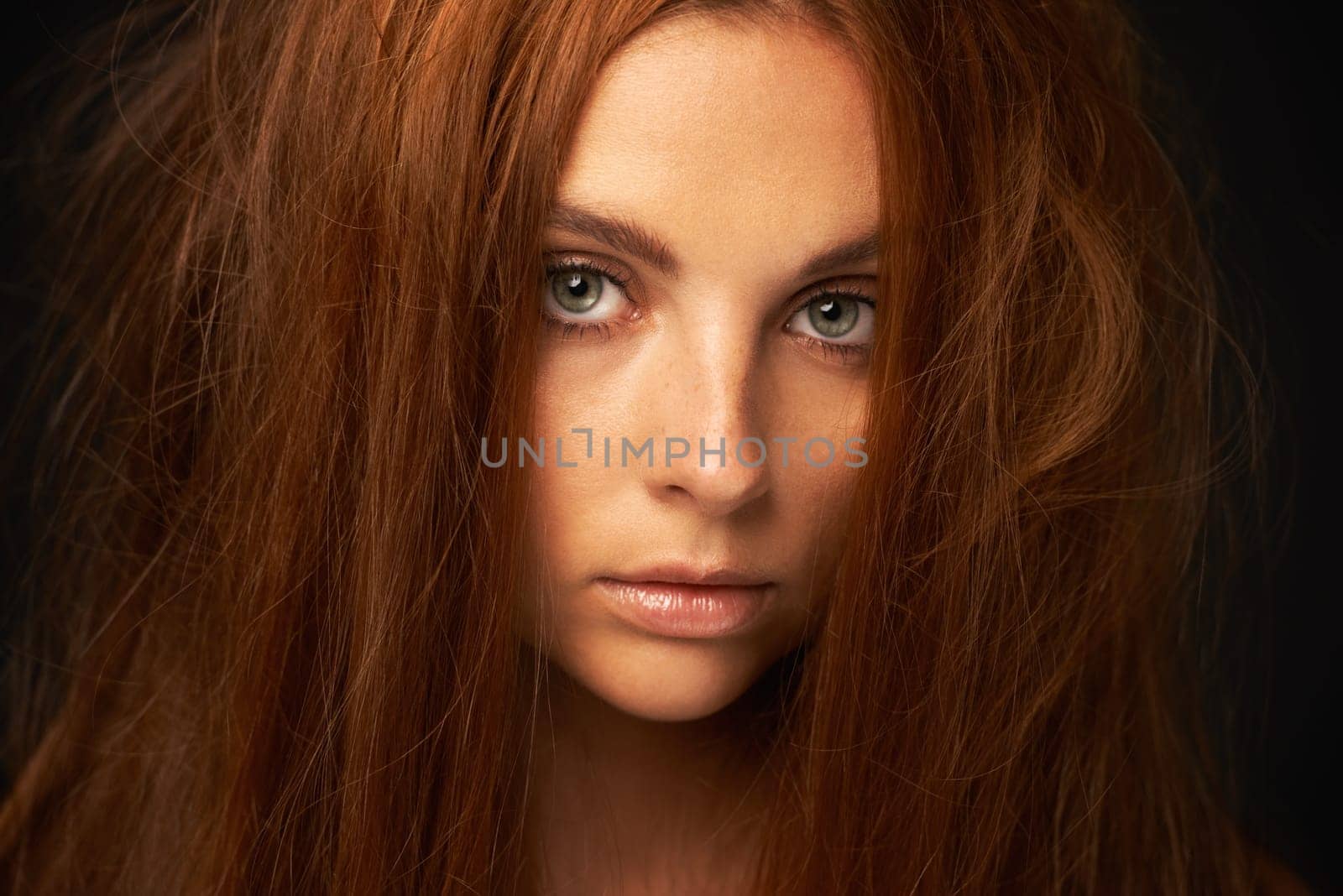 Hair care, portrait or woman with damage, fail or bad results for transformation or collagen in studio. Black background, face or serious model with cosmetics for treatment, messy texture or growth by YuriArcurs