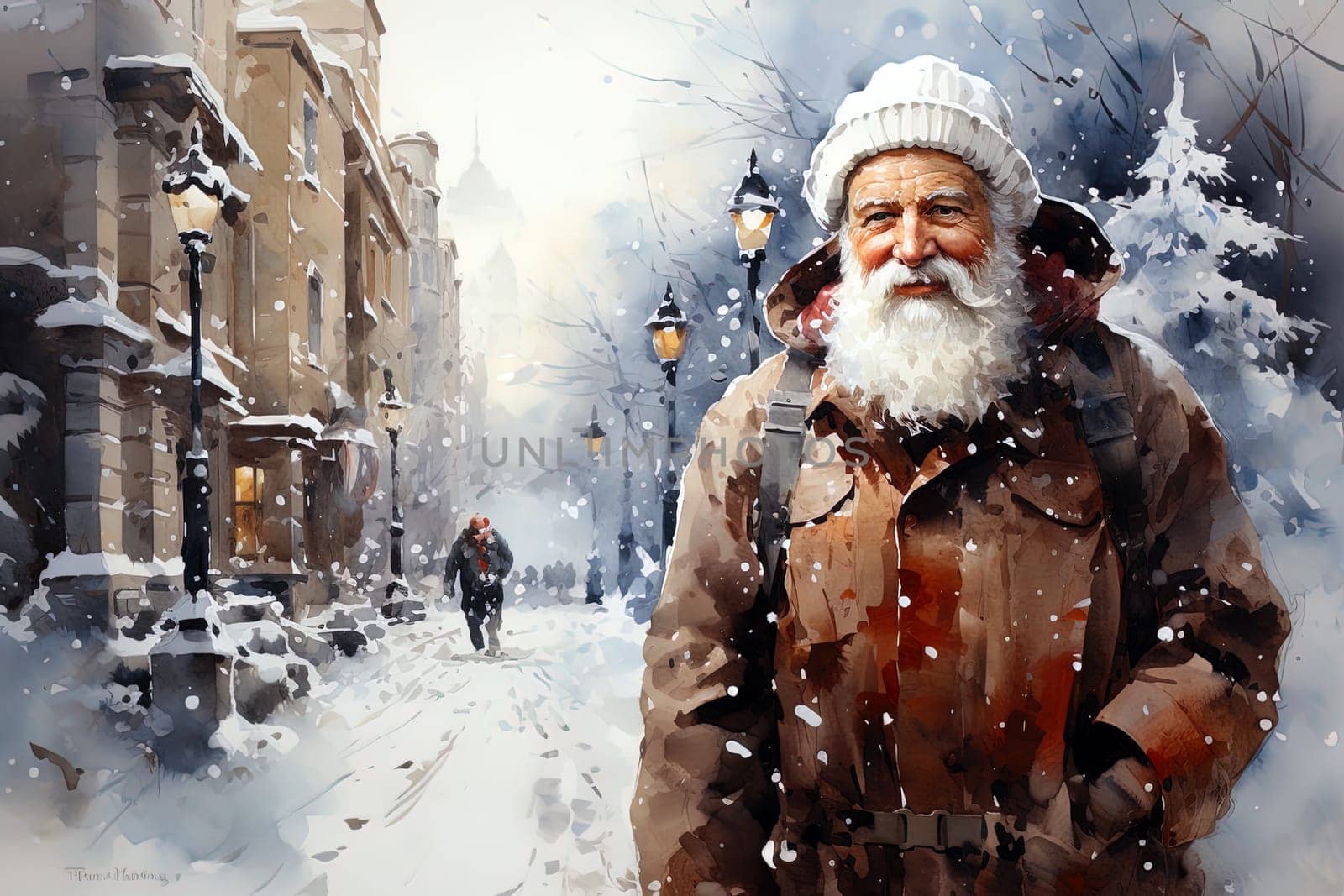 Watercolor Christmas winter landscape with Santa Claus. Ai generative art