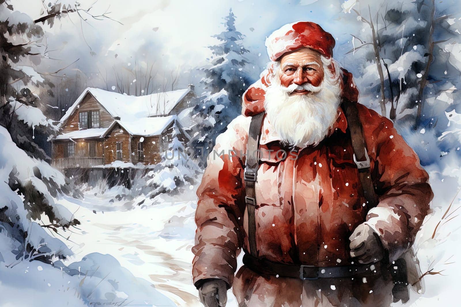 Watercolor Christmas winter landscape with Santa Claus. Ai generative art