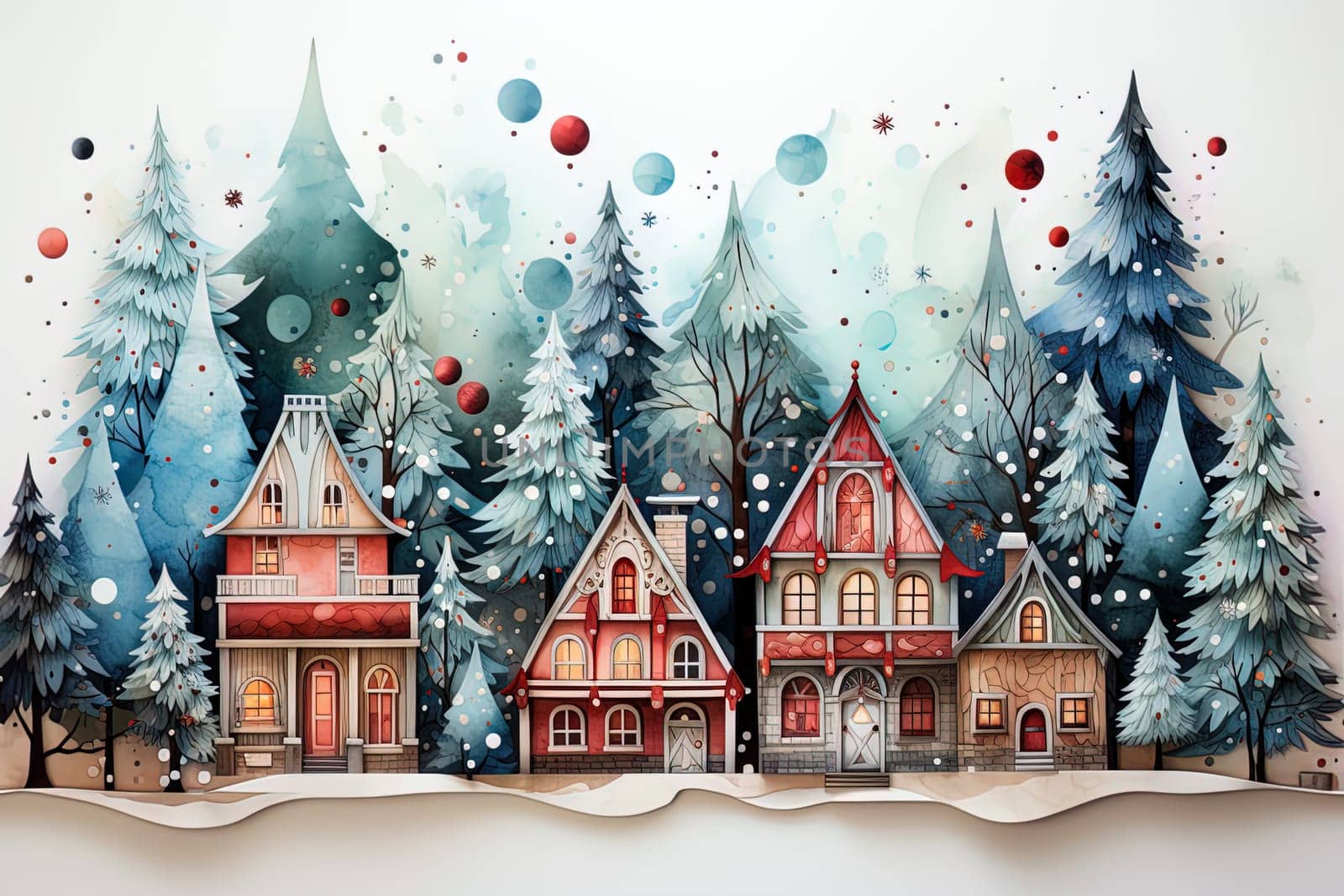 Fairy Watercolor winter forest landscape with decorated houses. Ai art by Dustick