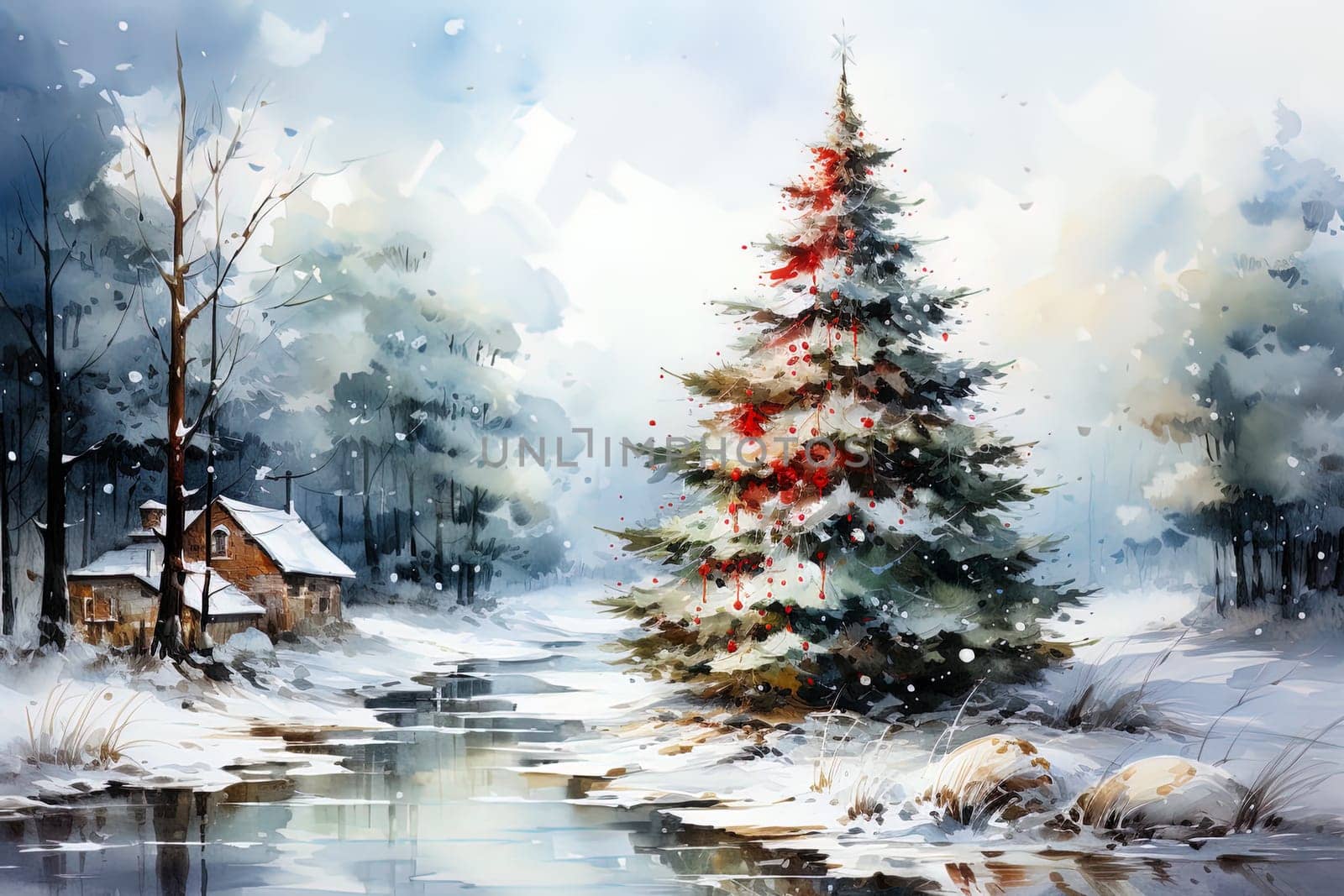 Watercolor fairy-tale Christmas landscape with houses on the background of a winter forest. Ai art by Dustick