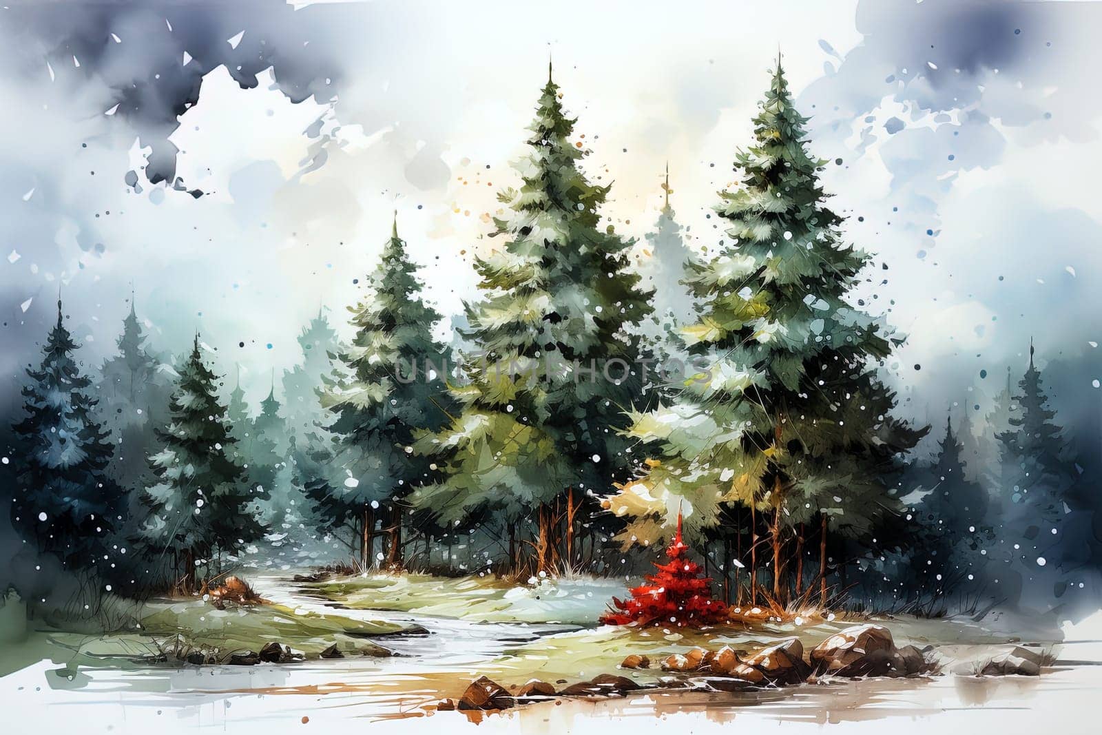 Watercolor Christmas Winter Forest landscape. Ai art by Dustick