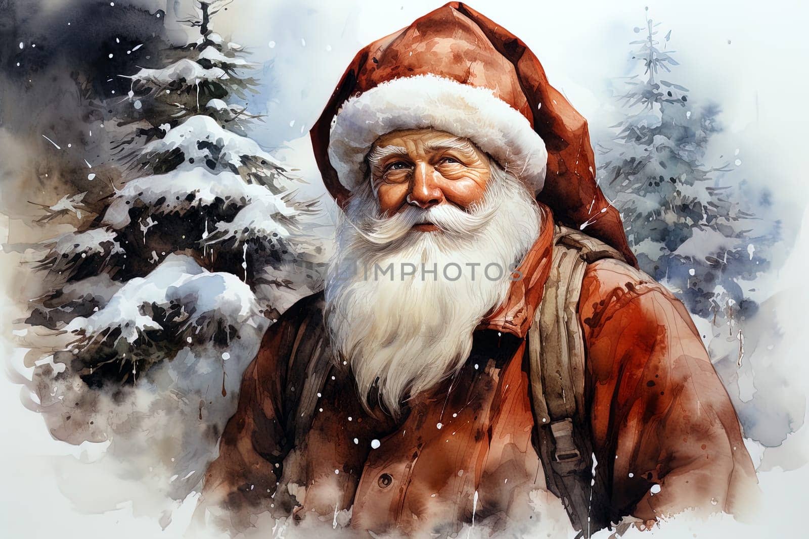 Watercolor Christmas winter landscape with Santa Claus. Ai generative art