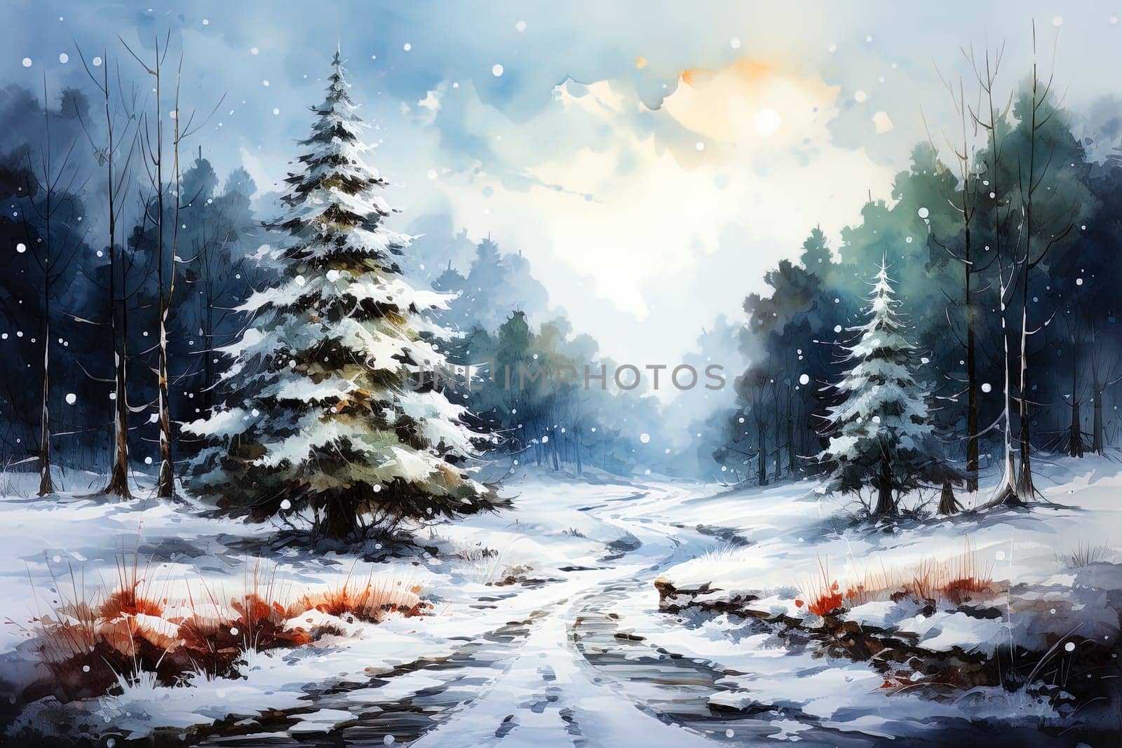 Watercolor Christmas Winter Forest landscape. Ai art by Dustick