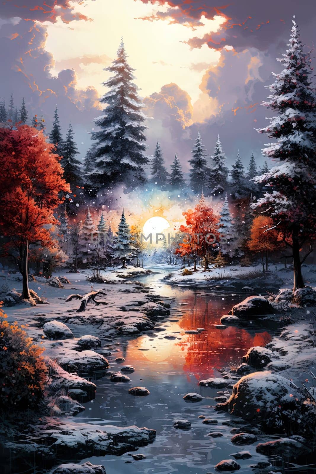 Watercolor Christmas Winter Forest night landscape. Ai generative art by Dustick