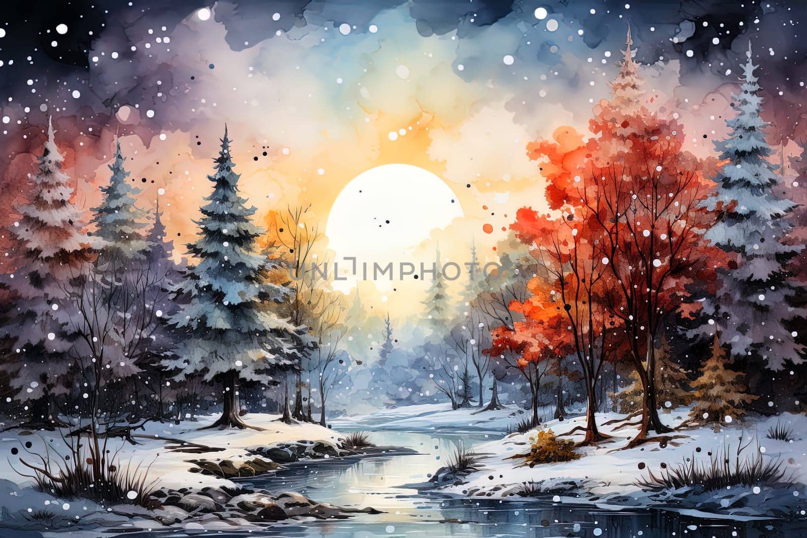 Fairy Watercolor Christmas Winter Forest landscape. Ai generative art