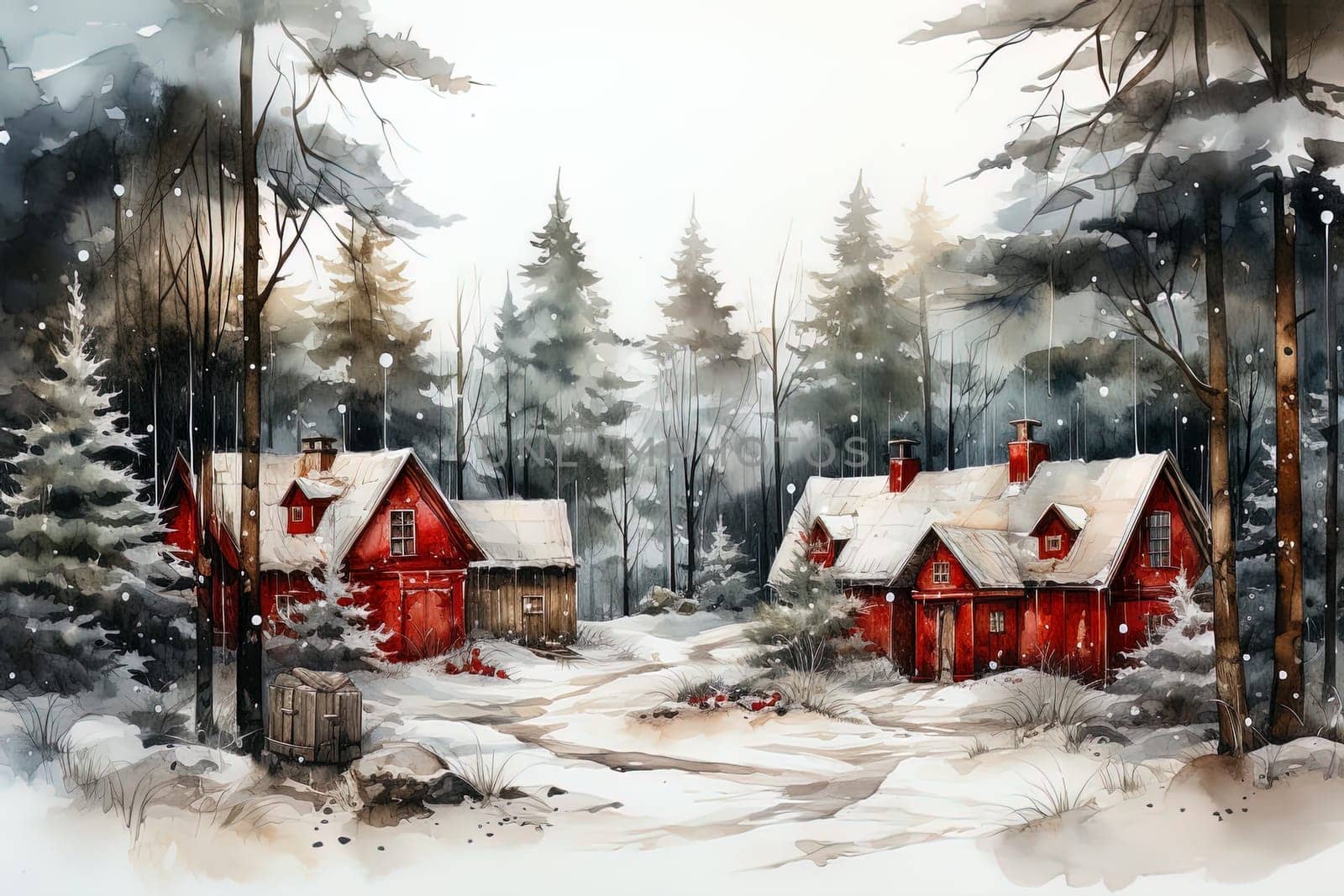 Watercolor winter forest landscape with decorated houses. Ai generative art