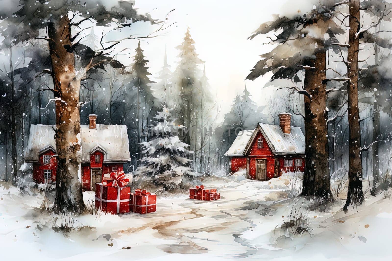 Watercolor winter forest landscape with decorated houses. Ai art by Dustick