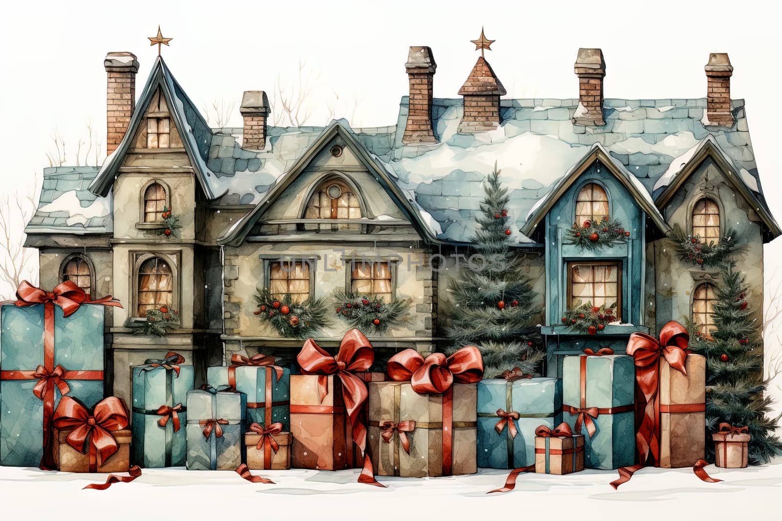 Watercolor winter decorated Christmas houses. Ai art by Dustick