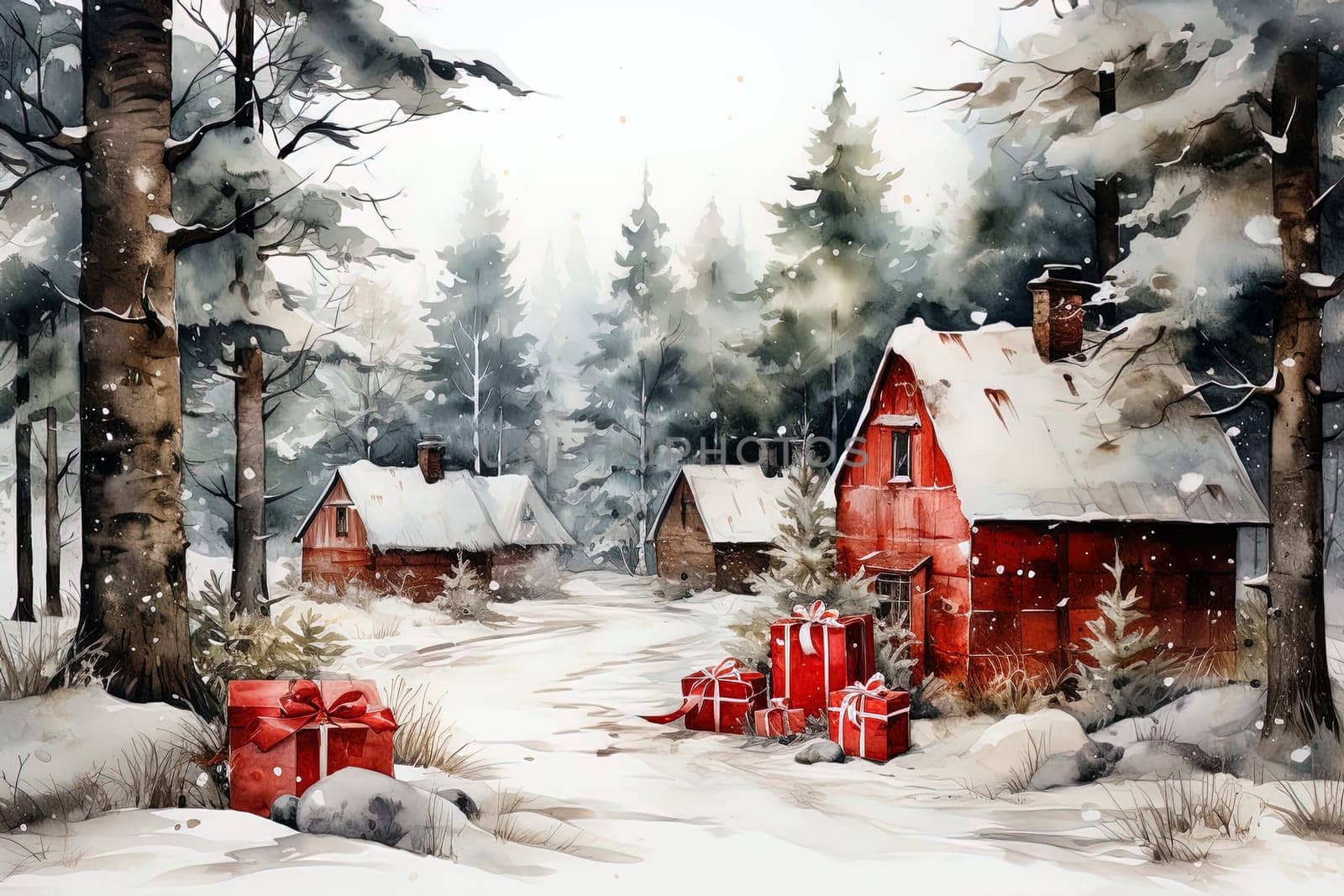 Watercolor winter forest landscape with decorated houses. Ai art by Dustick