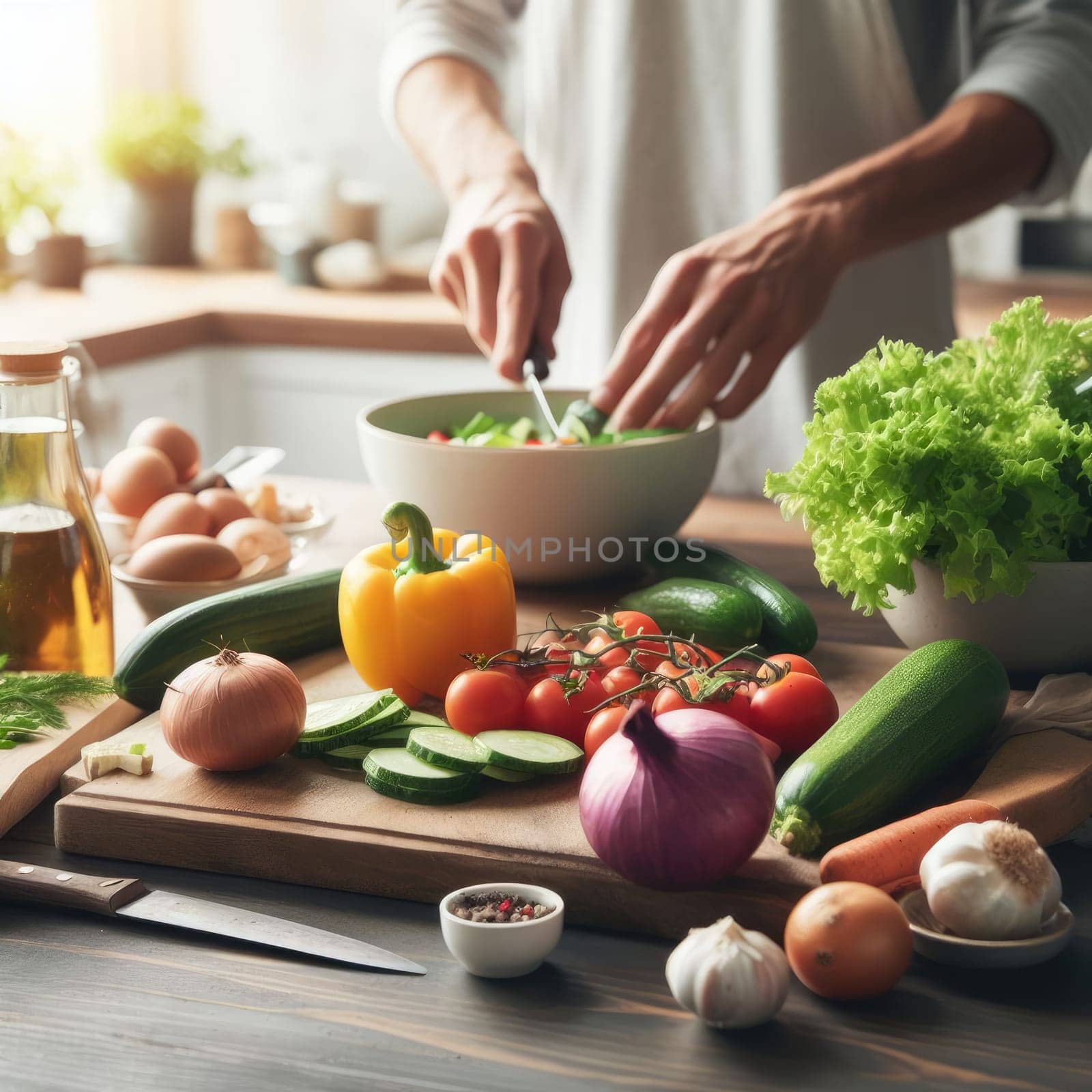Cooking - chef's hands preparing vegetable vegetarian stew (thick soup). Kitchen scenery - pot with recipe ingredients around on the grey stone worktop captured from above (top view, flat lay).