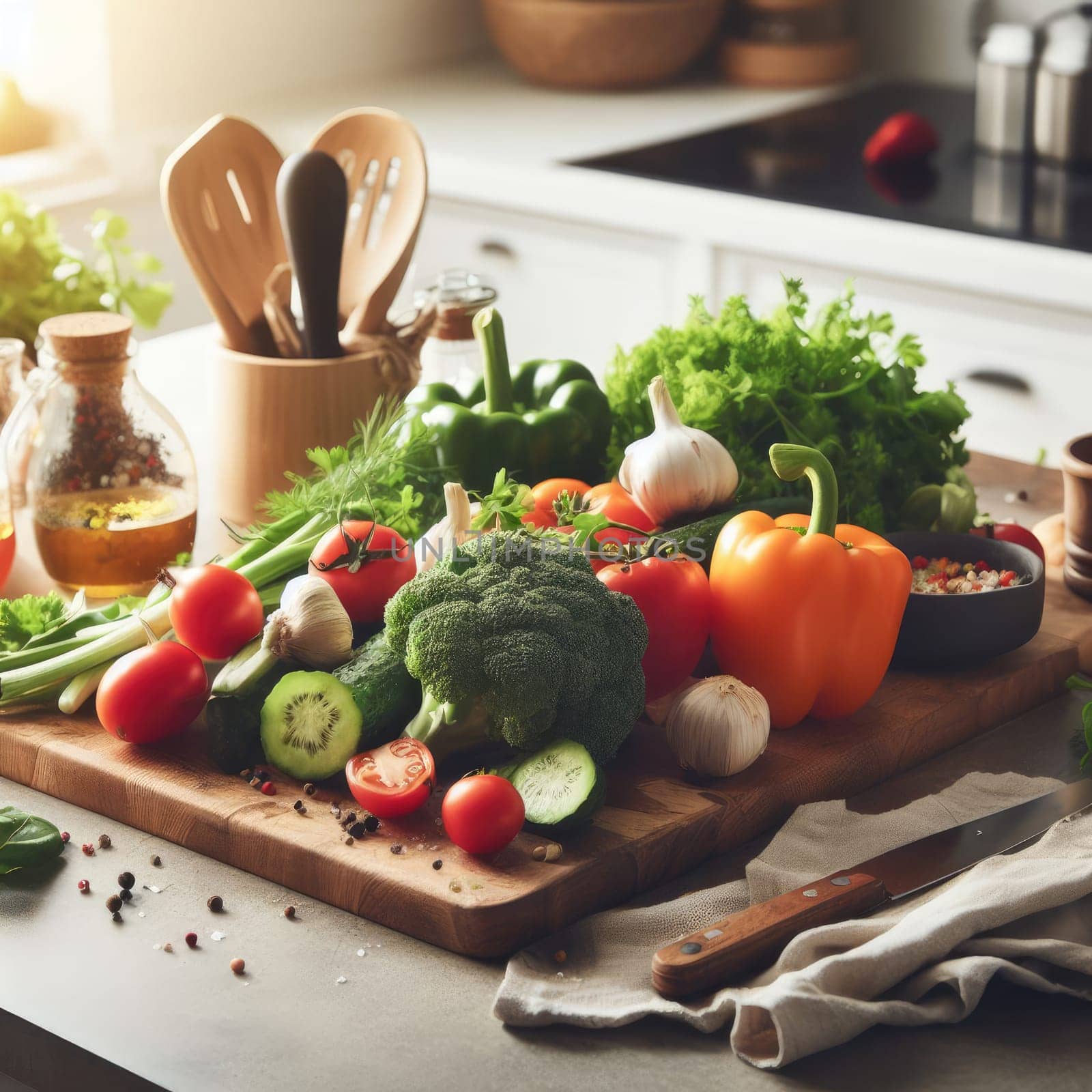 Cooking - chef's hands preparing vegetable vegetarian stew (thick soup). Kitchen scenery - pot with recipe ingredients around on the grey stone worktop captured from above (top view, flat lay).