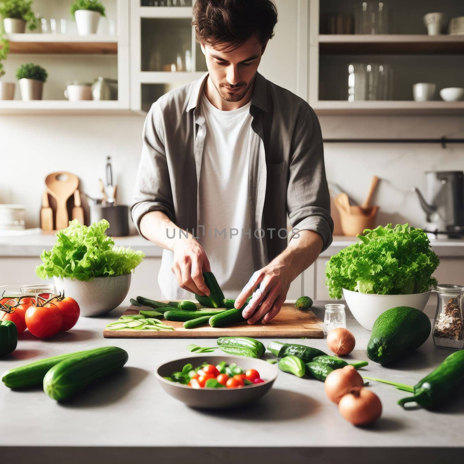 Cooking - chef's hands preparing vegetable vegetarian stew (thick soup). Kitchen scenery - pot with recipe ingredients around on the grey stone worktop captured from above (top view, flat lay).