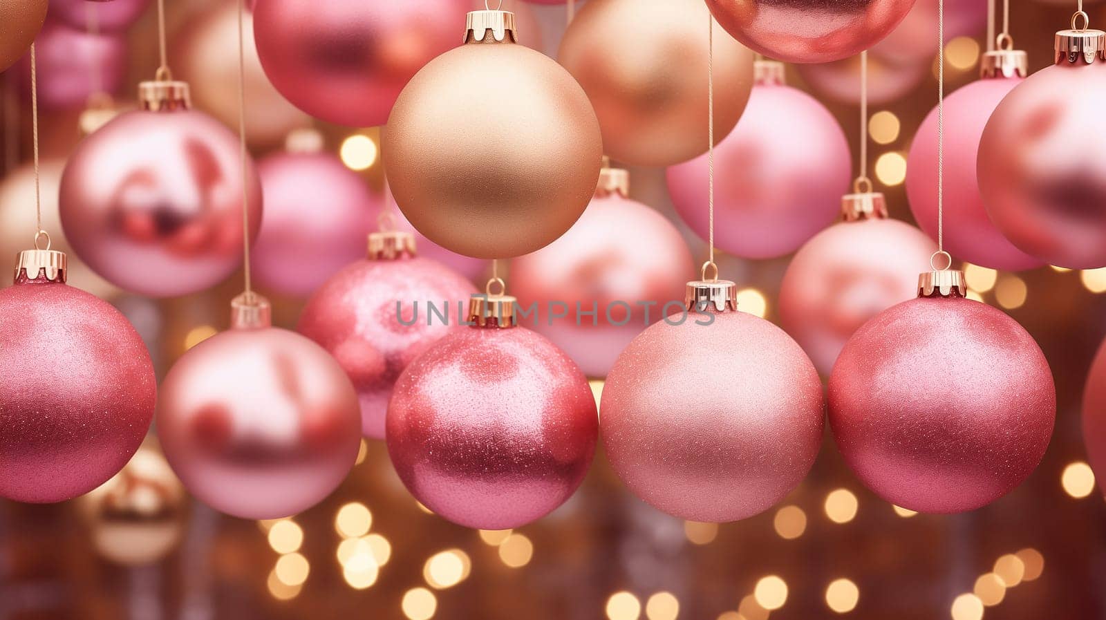 Christmas and New Year Background. Many, Collection of Hanging Pink and Golden Christmas Balls and Led Lights, Bokeh. AI Generated. High quality photo