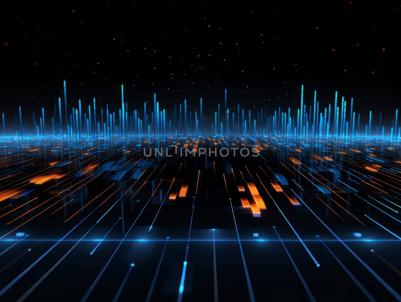 Abstract technology, blue and orange neon background of lines and dots, science and technology business concept of digital future technologies. AI