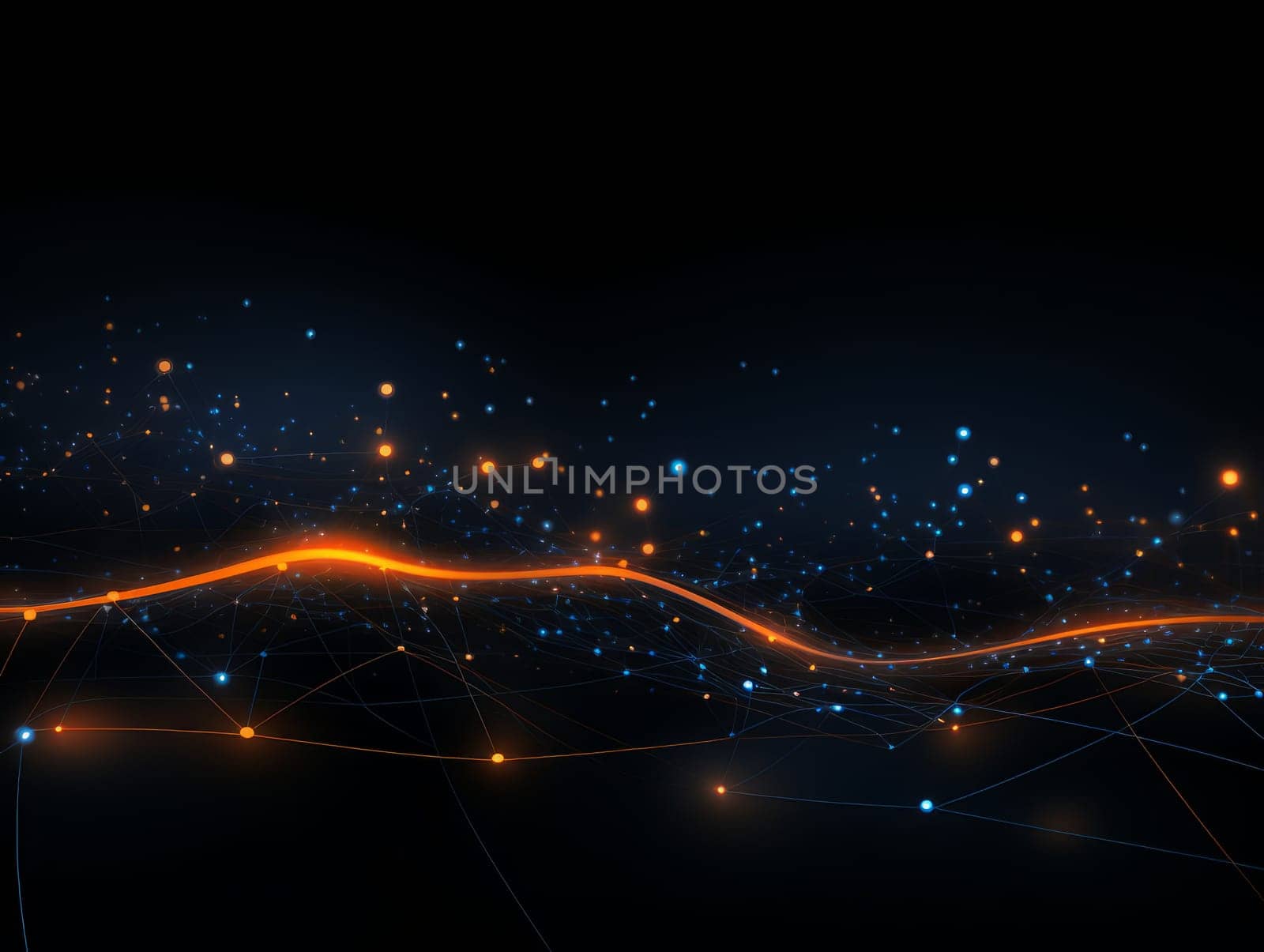 Abstract technology, blue and orange neon background of lines and dots, science and technology business concept of digital future technologies. AI